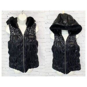 BEBE BLACK HOODED LACE GATHERED PUFFER VEST - M